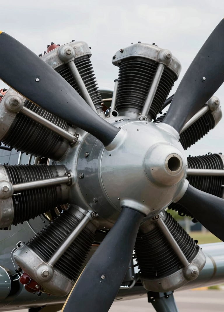 A close-up macro shot of a vintage aircraft's radial engine. The focus is on the metallic textures and oily sheen of the cylinders, with highlights in #F8F8F8 and deep shadows in #1C2833, capturing the essence of mechanical heritage.