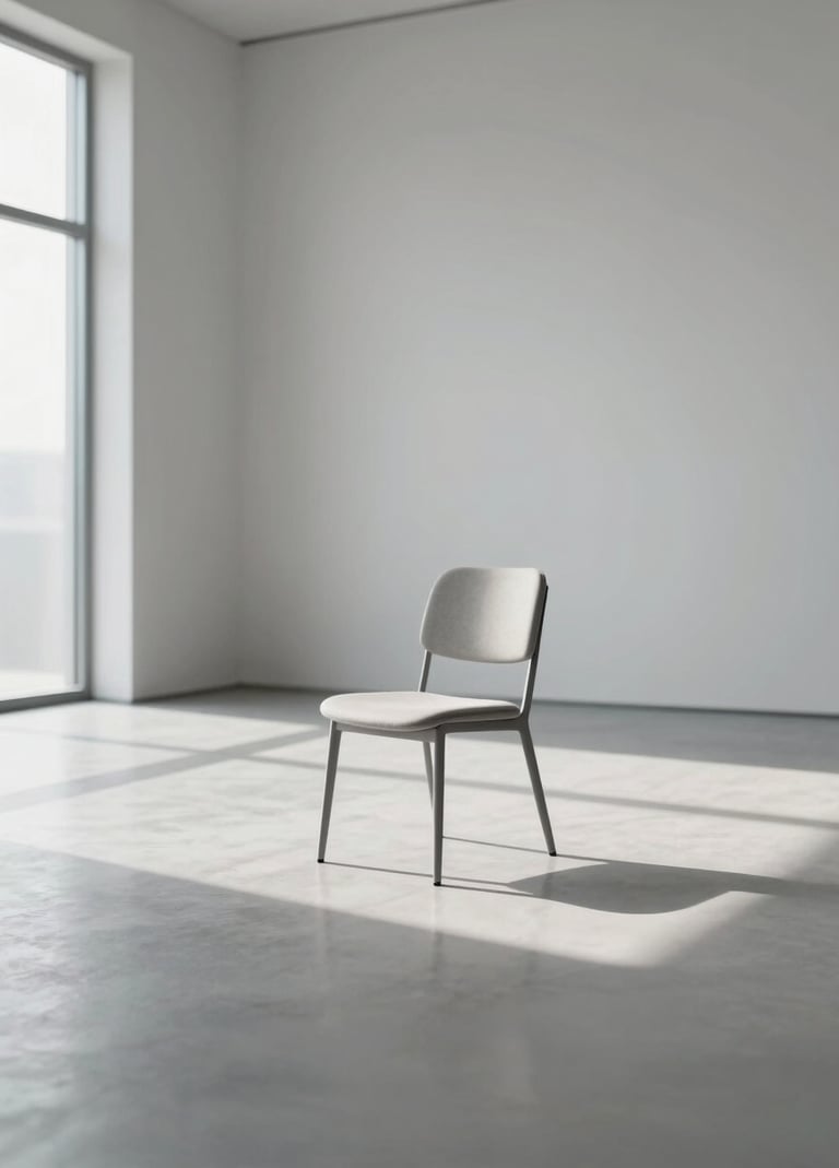 A minimalist, contemporary photograph of a single chair in a vast, empty gallery space. Soft natural light from a high window creates a long shadow on the polished floor. Neutral tones including #D0D5DB and #F5F7FA. Clean, sharp composition.