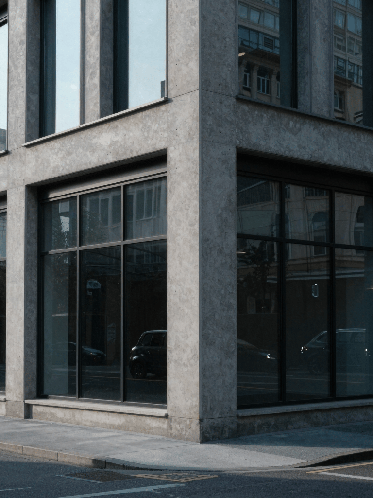 A minimalistic street life photograph capturing the sharp geometric lines of modern Western architecture. The scene shows a quiet city corner with clean concrete surfaces and reflections on large glass windows, using a palette of charcoal grey and soft blue-grey.