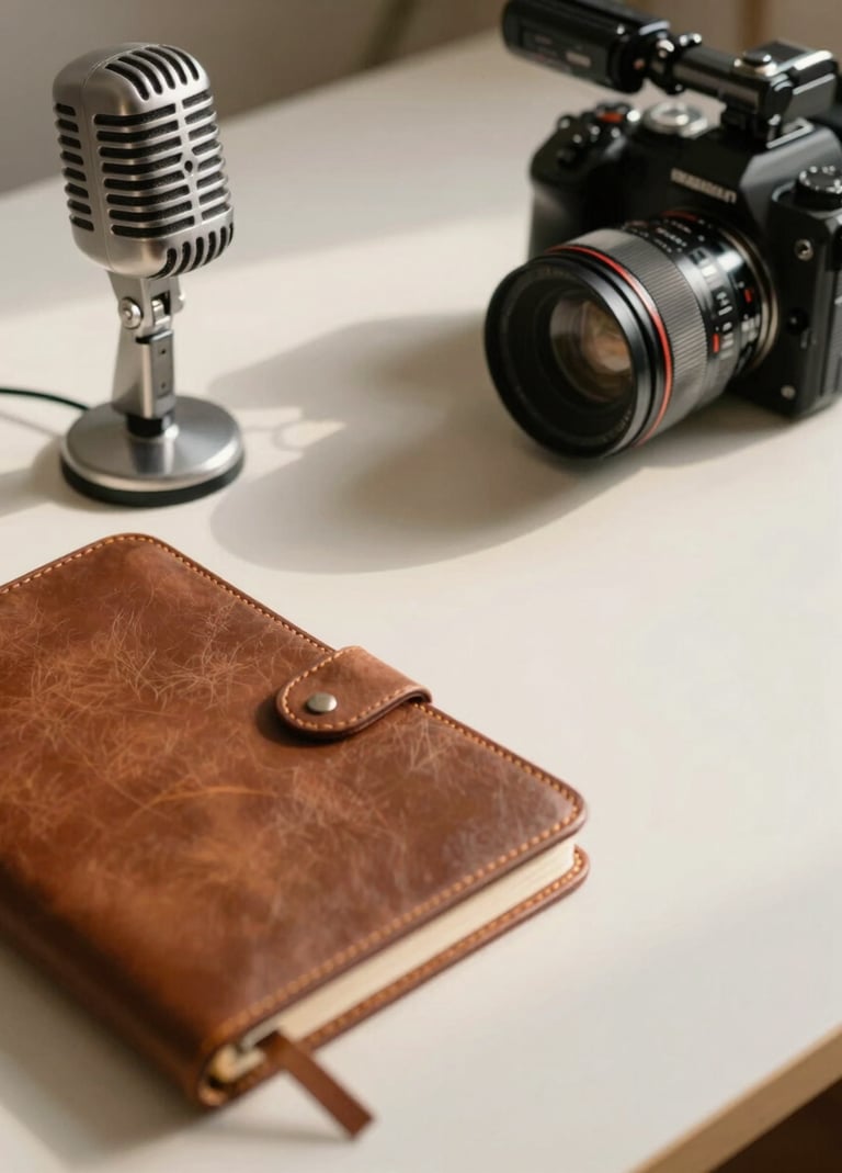 A close-up photograph of a minimalist desk setup featuring a vintage-style silver microphone and a professional filmmaker's leather-bound notebook. Soft, warm natural light spills across the off-white surface. North American / US interior styling with a cozy, creative vibe.