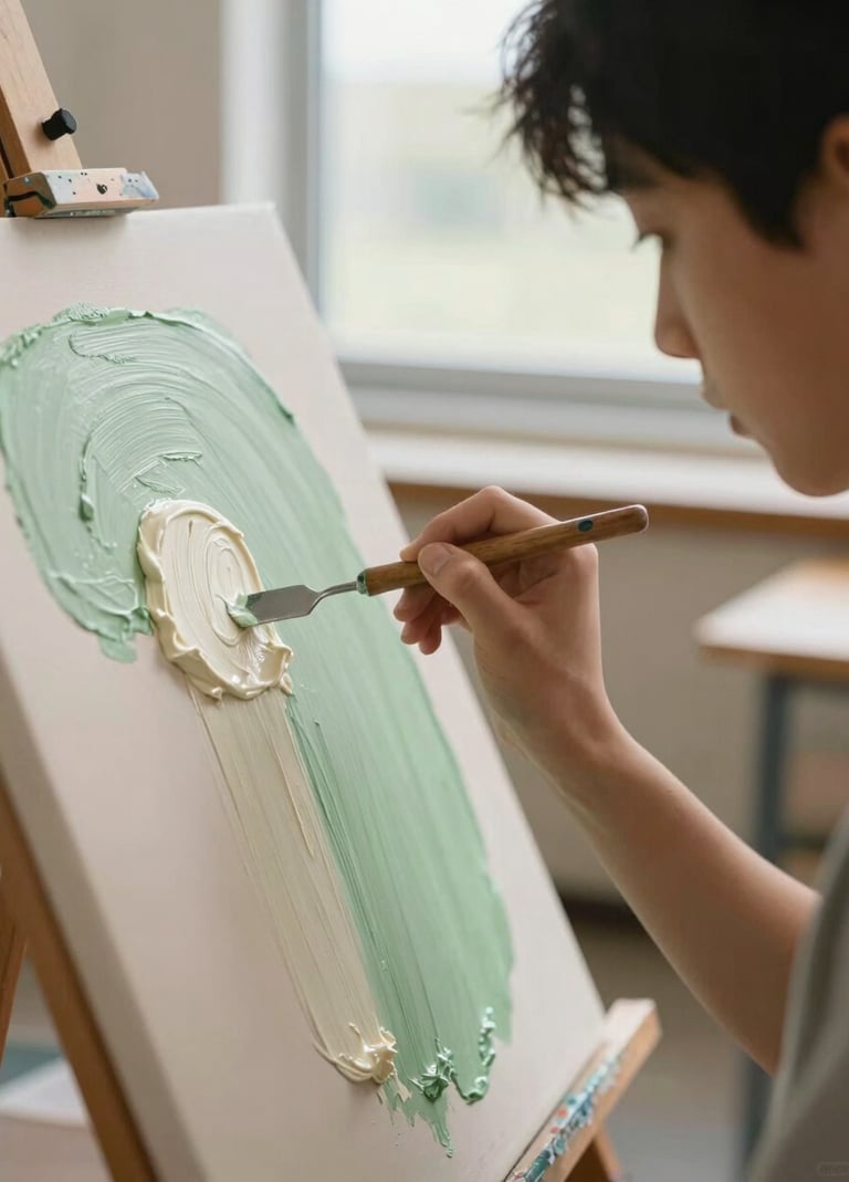 A close-up photograph of a student in a North American secondary school carefully using a palette knife to apply thick cream and sage green paint to a canvas, soft morning light from a window, inspiring educational atmosphere.