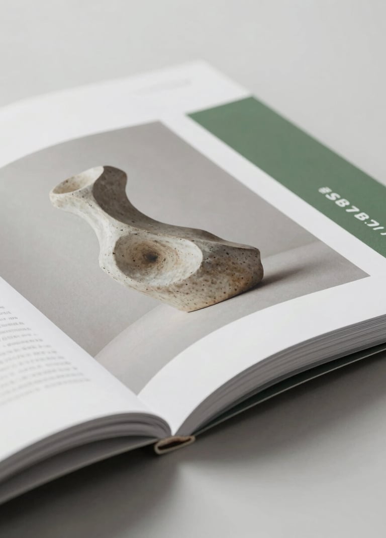 A close-up shot of an exhibition catalogue's open page, showing high-fidelity photography of a sustainable sculpture. The paper is thick and tactile. Lighting is soft and natural. Colors are neutral with accents of #5B7B71 and #293B37.