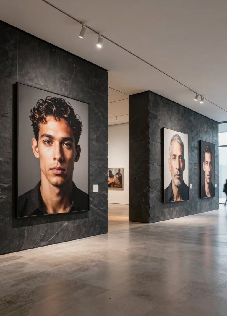A wide-angle view of a modern art gallery in a North American / US urban center, featuring large-scale digital portraits on charcoal slate walls, lit by minimalist recessed lighting.