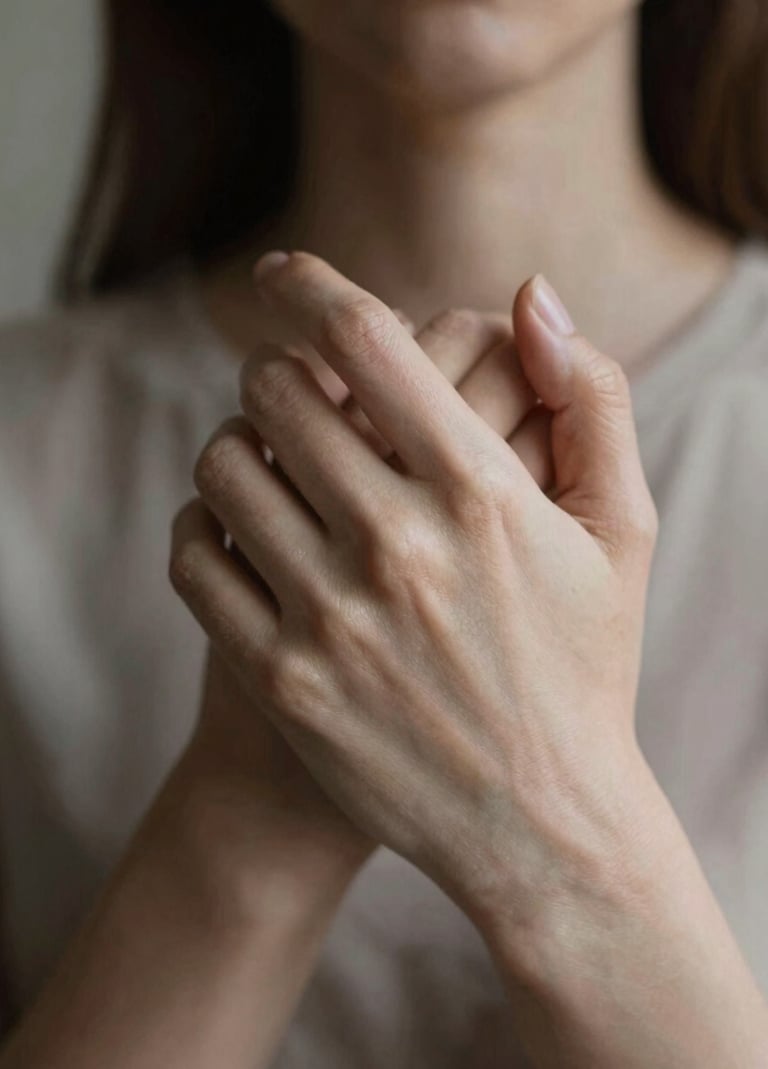 A close-up artistic shot of hands intertwined, focusing on the texture of the skin and the subtle play of light and shadow, chiaroscuro style, featuring tones of #1F1E1C and #F5F2EF, sophisticated and intimate.