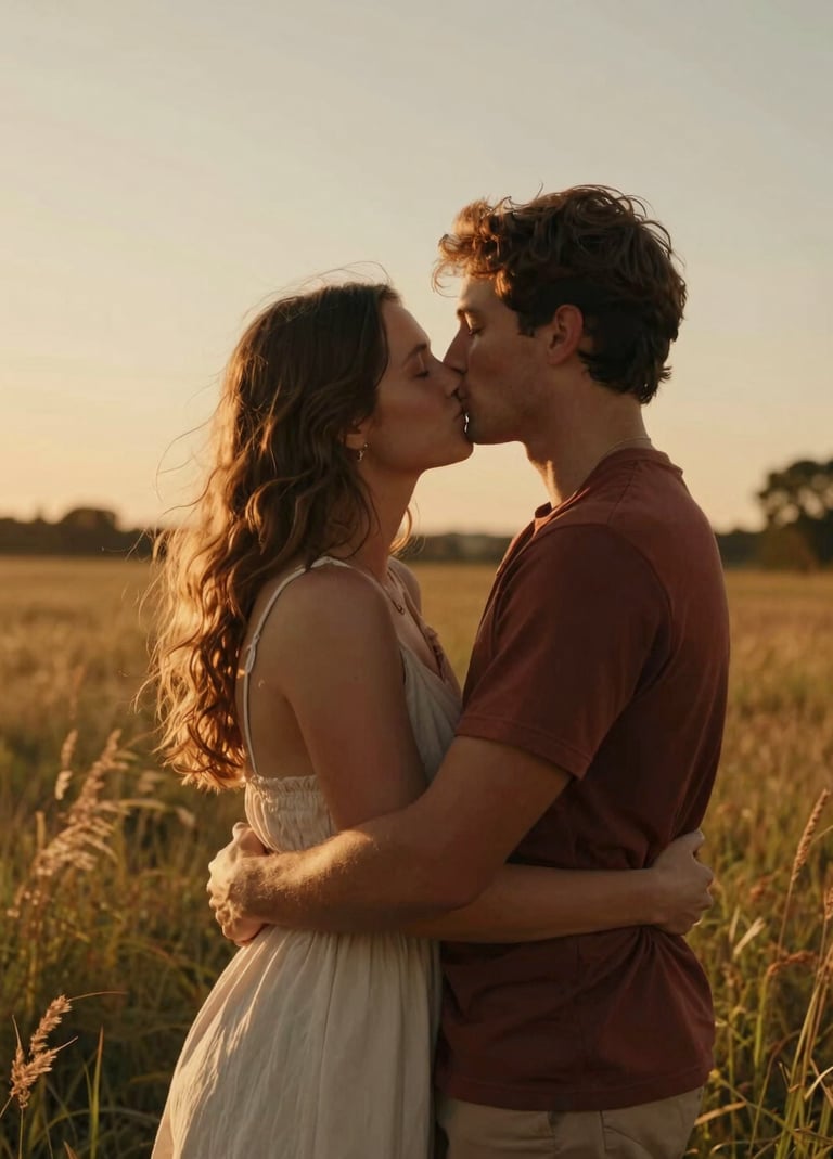A cinematic, sun-drenched portrait of a couple embracing in a North American / US meadow at sunset. The lighting is warm and golden with hints of terracotta, capturing a soft, authentic moment.