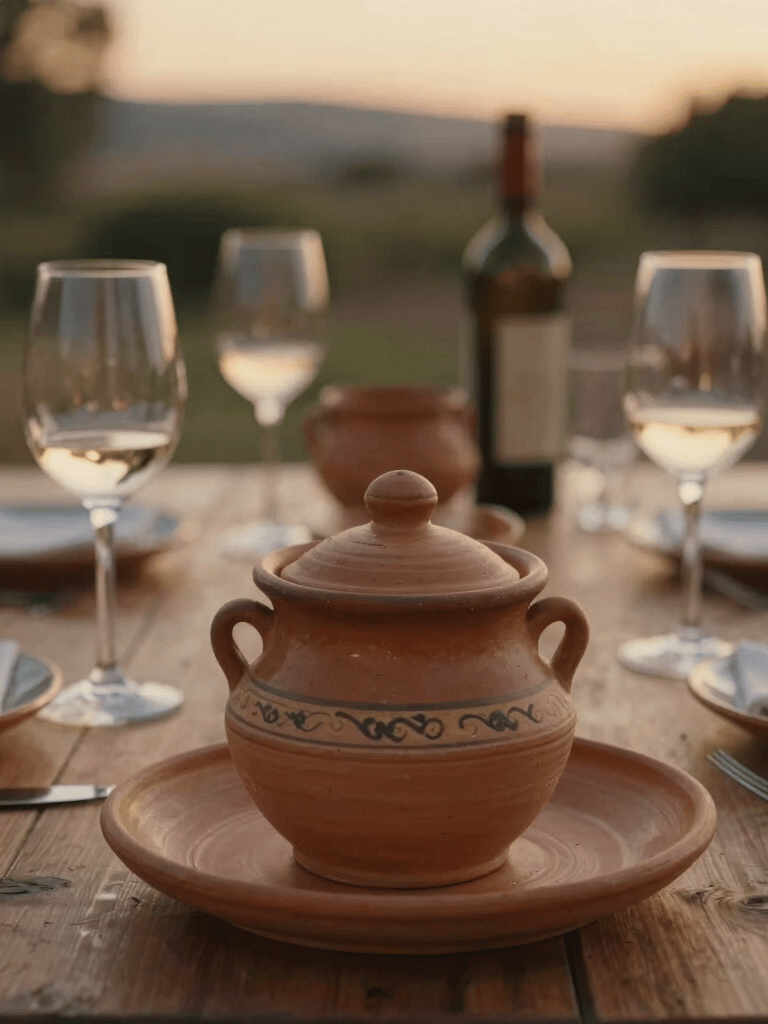 A detailed close-up shot of a rustic outdoor table setting in Spain / Southern Europe, with warm terracotta pottery and glasses of wine catching the low golden sunset light. Cozy, natural lifestyle vibe, suggesting a slow evening of stories and connection.