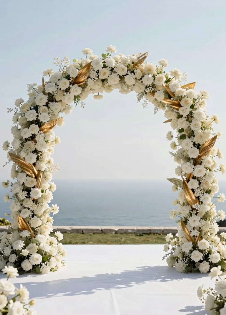 A wide-angle professional photograph of a luxury outdoor wedding ceremony arch in Istanbul, Turkey. The arch is decorated with soft off-white flowers and elegant metallic gold accents against a clean horizon. High-end, minimalist aesthetic, natural bright lighting.