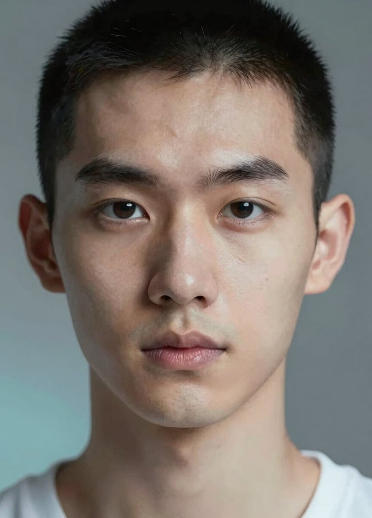 Detailed AI portrait close-up highlighting textures and realistic lighting, composition includes soft shadows of #1A202C and highlights in #E0FBFC, minimalist and high-tech aesthetic.