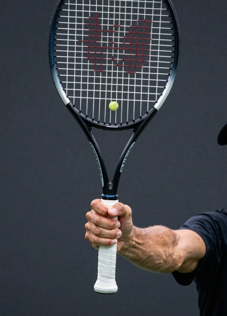 Close-up action shot of a tennis player's hand gripping a racket during a high-speed serve, focus on the tension and texture of the grip, professional sports aesthetic, charcoal black and steel blue color tones, Western / International style.