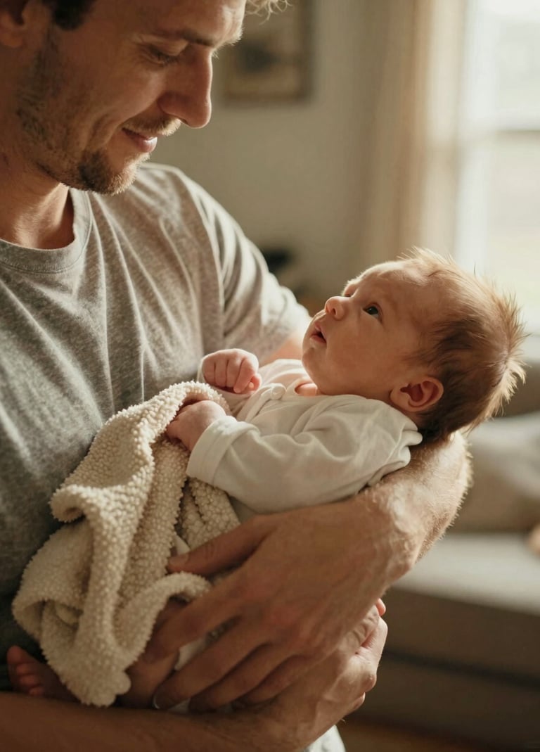 A cinematic, candid lifestyle photograph of a father gently holding a newborn baby in a sun-drenched North American / US living room. The lighting is warm and golden, highlighting the soft texture of a Soft Sand colored blanket. The composition is intimate and close-up, focusing on the emotional connection and authentic interaction.