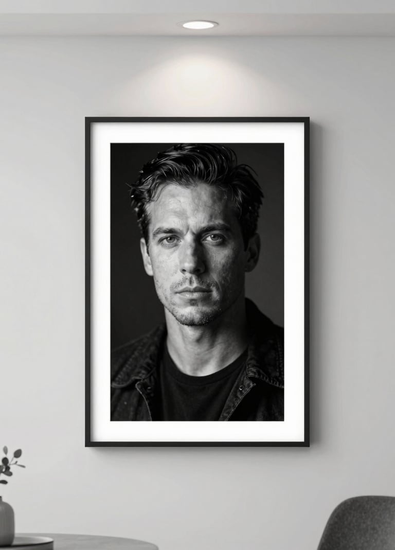A premium custom-framed portrait hanging on a minimalist white wall in a modern North American home. The frame is sleek and black, housing a cinematic black and white photograph. Gallery-style spotlighting creates a sophisticated atmosphere.