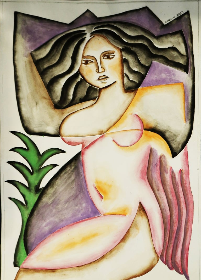 A woman and A Green Plant, Watercolour on paper,   35 x 50 cm