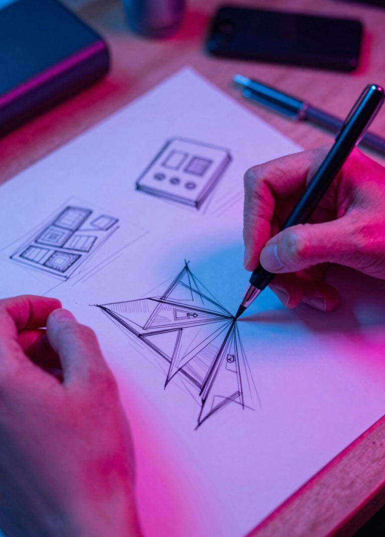 Gritty flash photograph of hands sketching design ideas on a cluttered desk, neon pink and blue light, sharp 35mm, extreme close-up, raw materials.