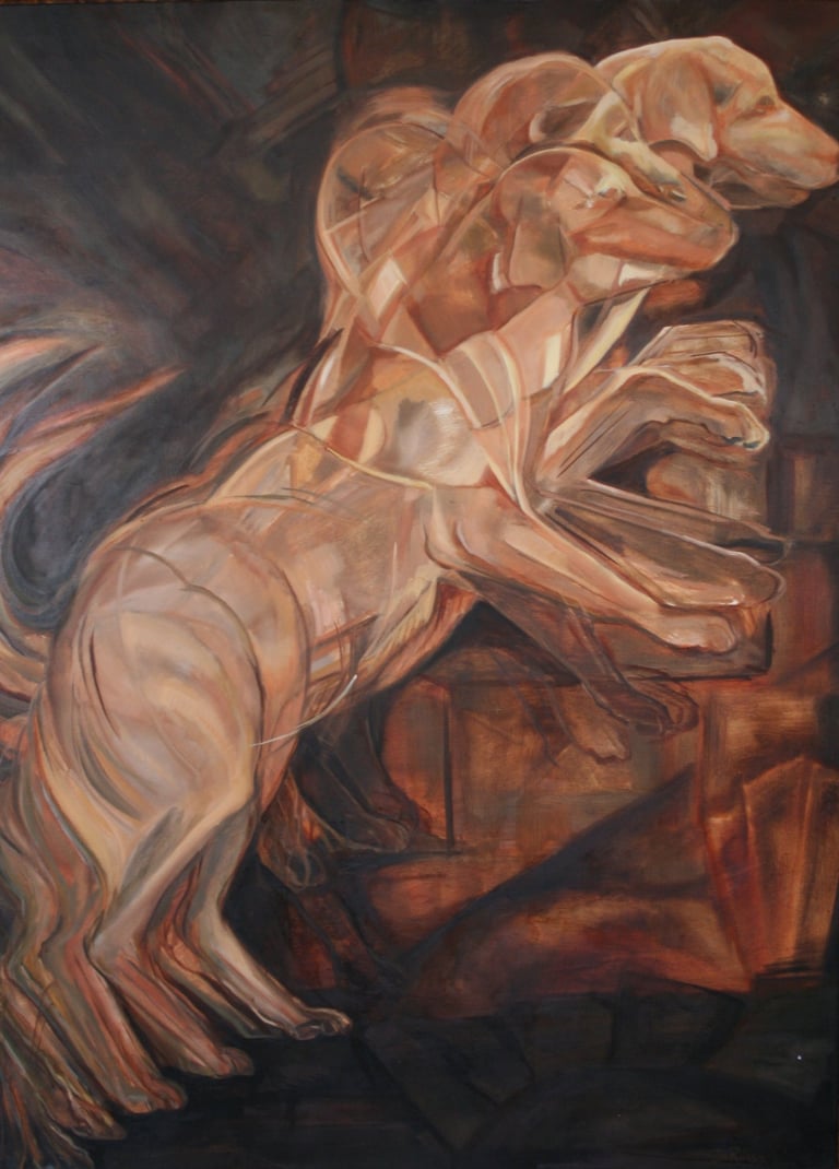 "Lab Ascending A Staircase"  Oil on Canvas 36"x 48"