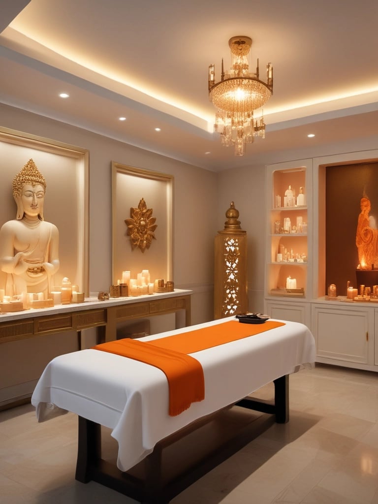 A serene setup featuring a white essential oil diffuser with a warm light at its base, placed on a smooth surface. Beside it is a neatly rolled, soft white towel and a small box labeled 'Relax' containing essential oils. A small potted plant with green leaves adds a touch of nature to the scene.