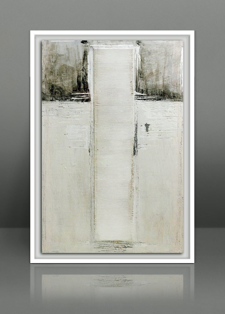 Framed minimalist abstract oil painting featuring neutral tones, textured white brushstrokes, and a central vertical line.
