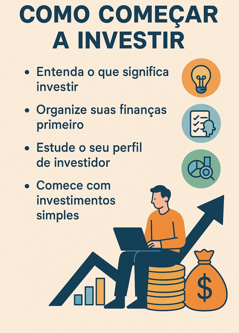  Infográfico ilustrado com o título “Como Começar a Investir”, mostrando quatro passos com ícones (i