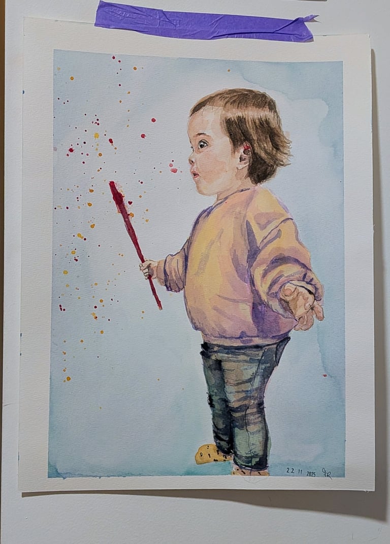 Peuter met toverstaf, kunstig portret in waterverf. Gepersonaliseerd door Studio FloraRoos