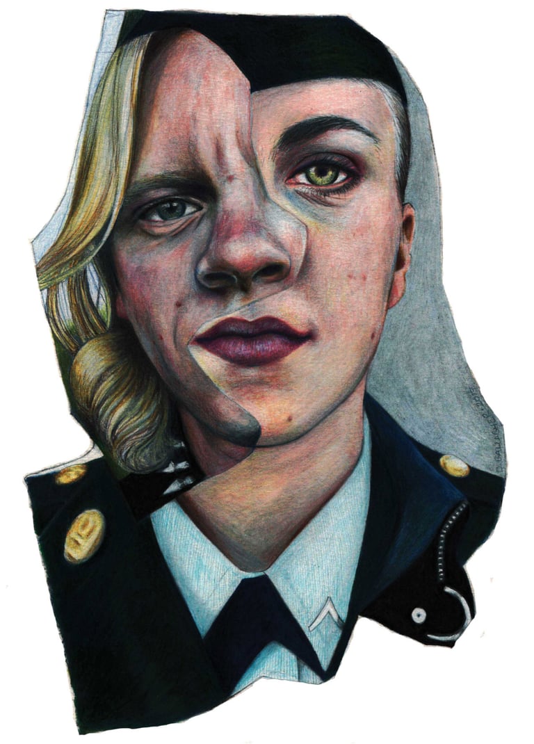 A coloured pencil drawing depicting two caucasian faces - 1 with long blond hair, the other in military uniform