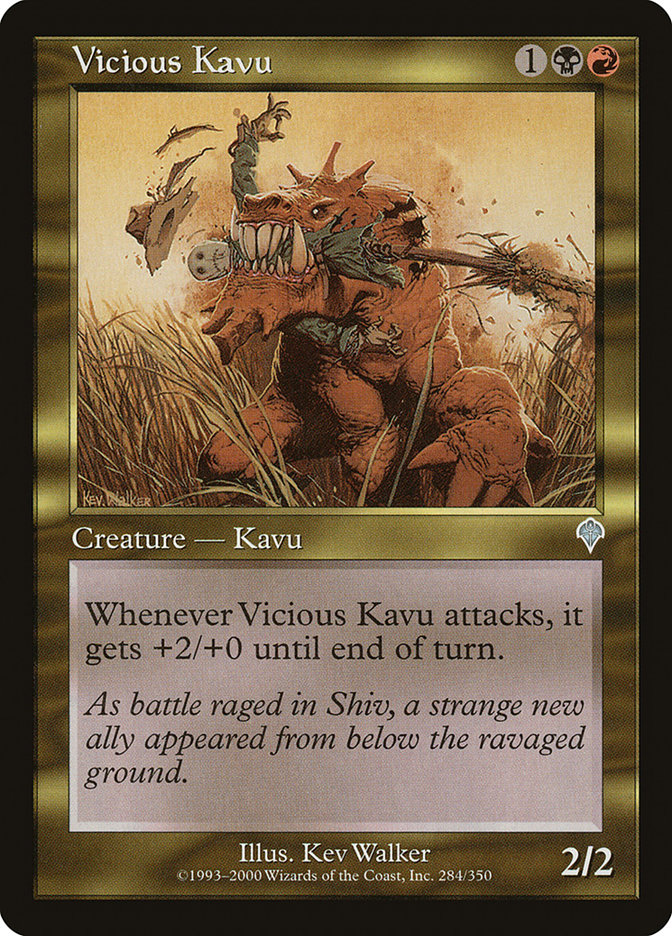 Vicious Kavu Magic: The Gathering card featuring a spiked creature devouring a soldier in a field.