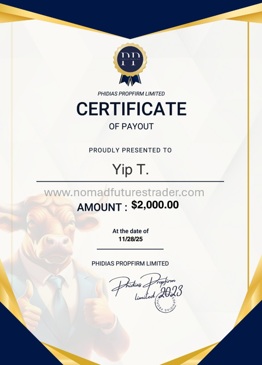 Phidias Prop Firm Payout Certifcate for Nomad Futures Trader