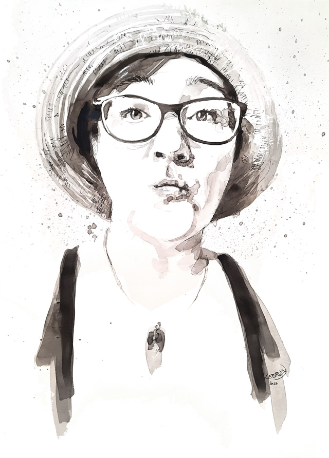 Illustration au lavis d'un portrait d'une personne portant des lunettes et un chapeau de soleil.