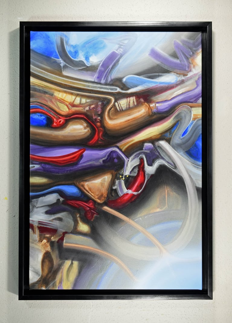 Eric Stiles original painting on canvas, framed in a large float frame.