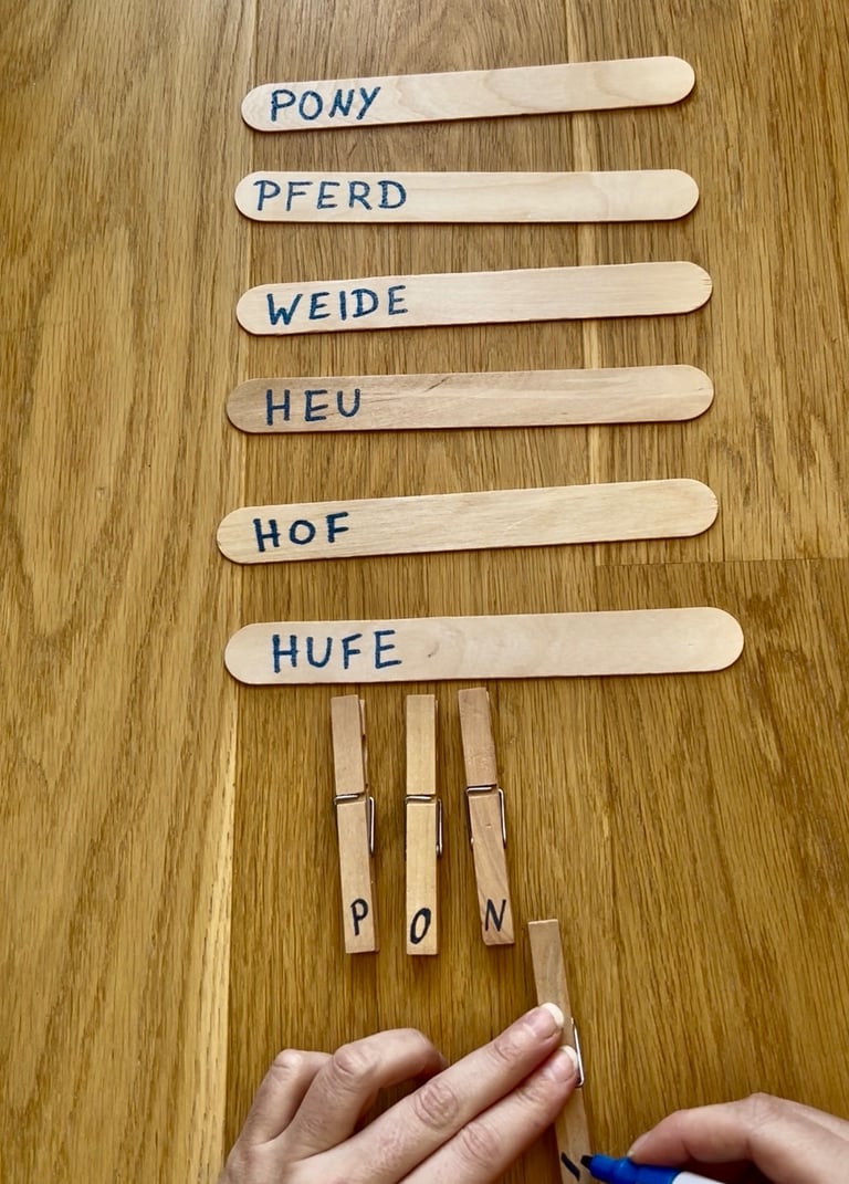 Handwriting German horse-themed words on wooden craft sticks and clothespins for a literacy activity.