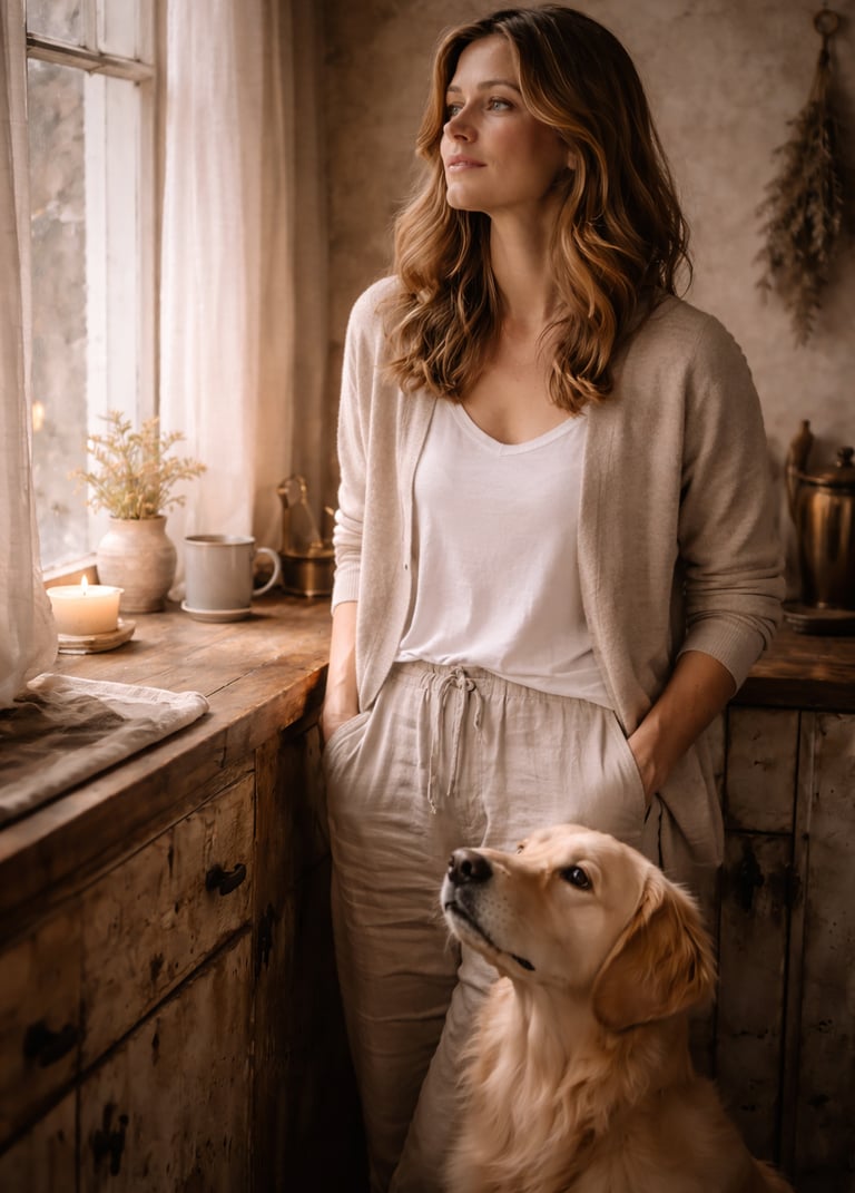 Woman in cozy loungewear standing in a rustic kitchen with her golden retriever dog.
