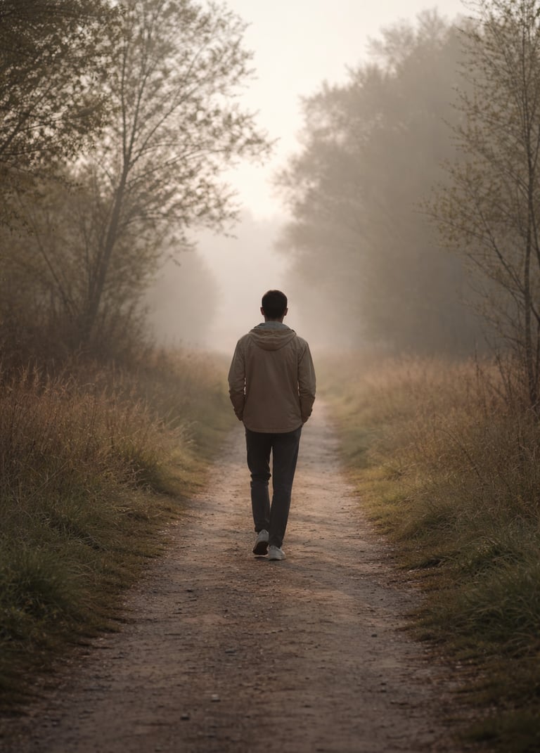 A man walks alone down a peaceful, foggy forest path during a misty morning hike.