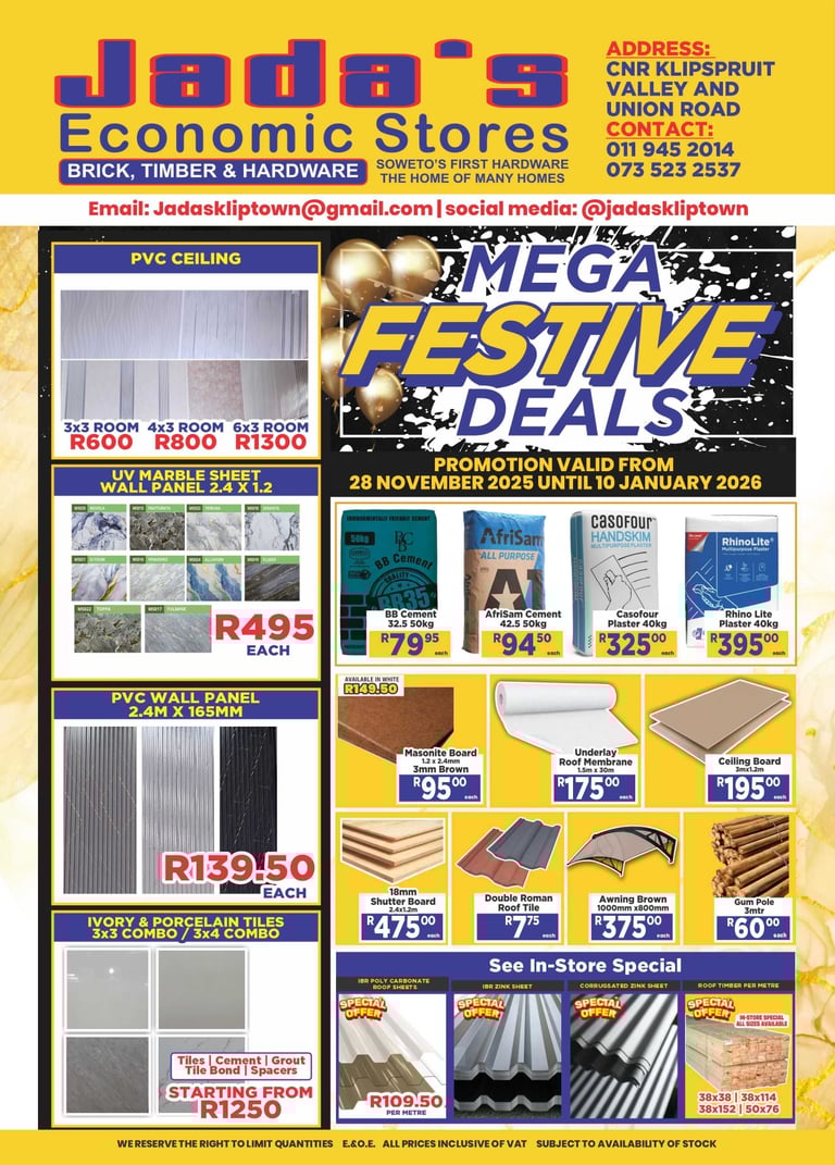 jadas hardware, black friday deals tiles, cement, wall panel, roof sheets