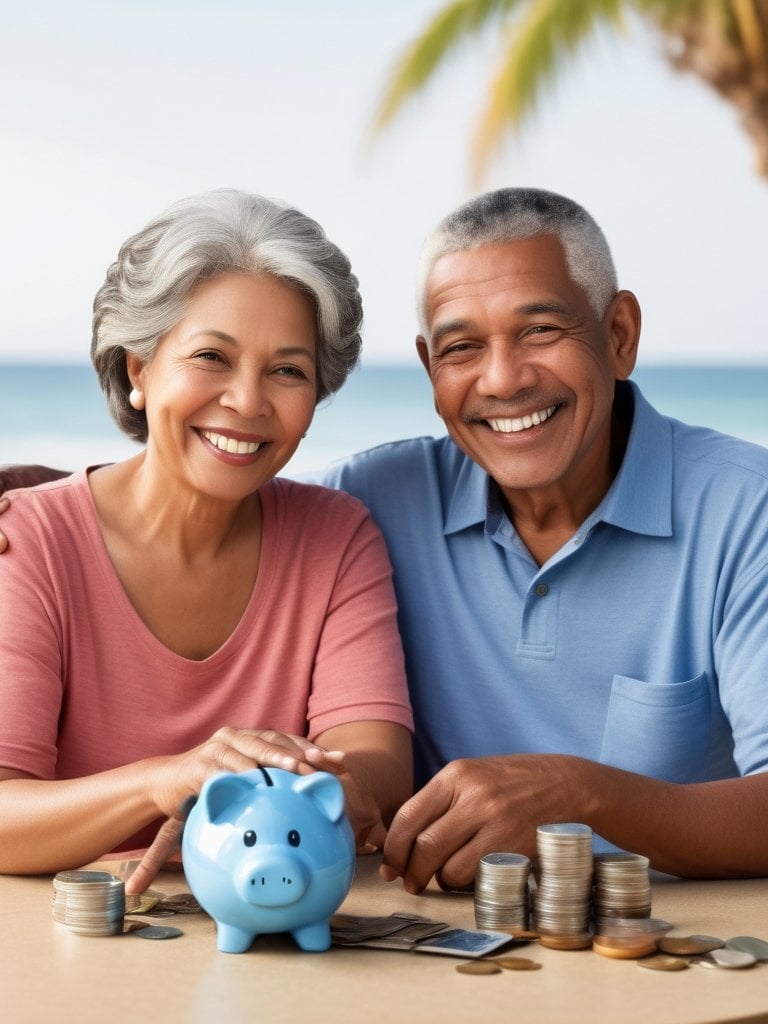 Retired Couple with Piggy Bank and Coins
