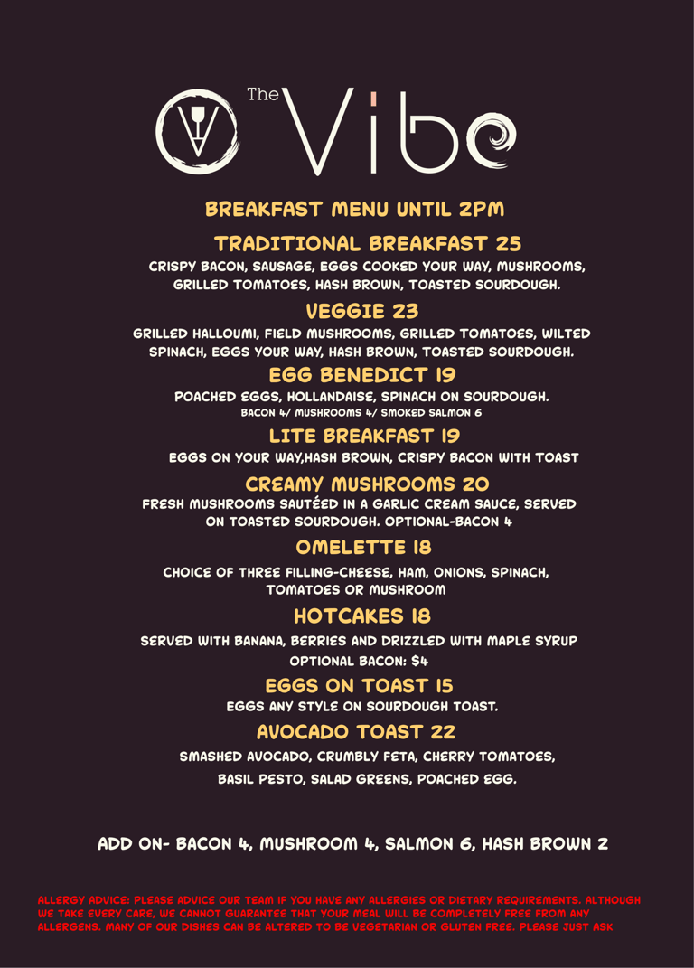 The Vibe restaurant breakfast menu featuring traditional eggs, avocado toast, and hotcakes.