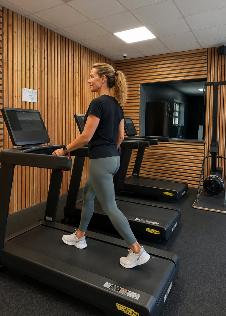Femme marchant sur un tapis de marche lors d’une séance de récupération active dans une ambiance fitness premium