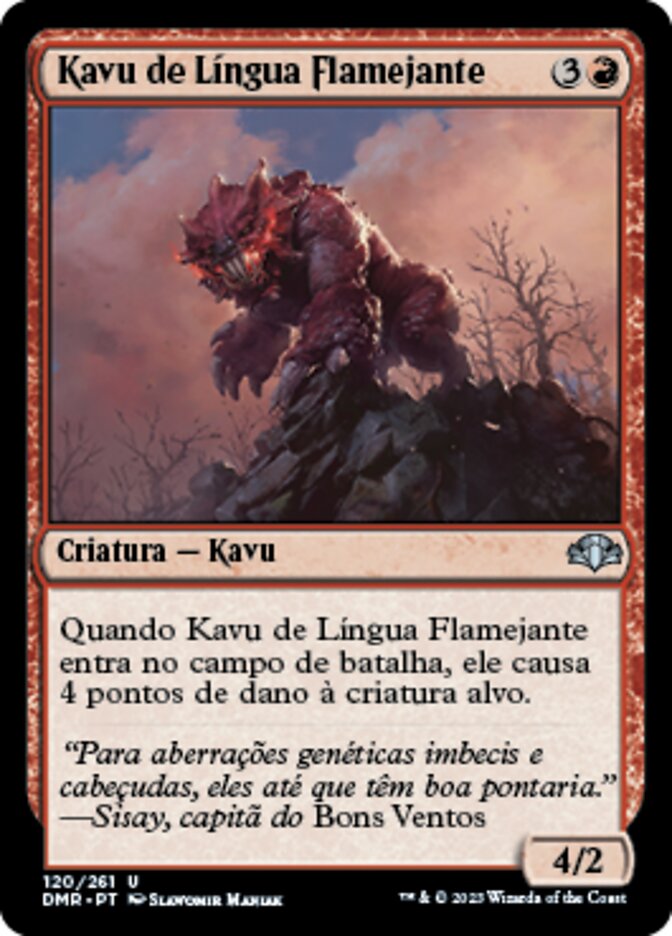 Portuguese Magic: The Gathering card Kavu de Língua Flamejante featuring a red creature on a rocky landscape.