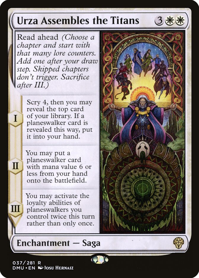 Urza Assembles the Titans Magic: The Gathering saga card featuring stained glass fantasy artwork.
