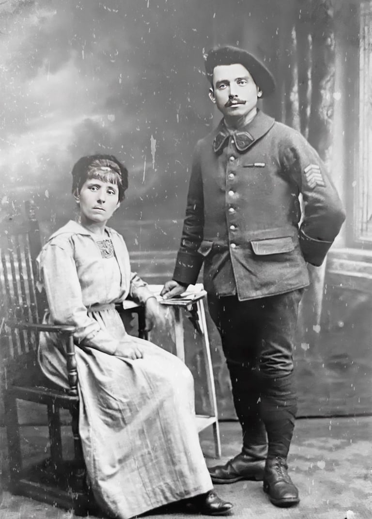 Vintage black and white 1918 portrait of Victorine and Albert Bochet in French military uniform.