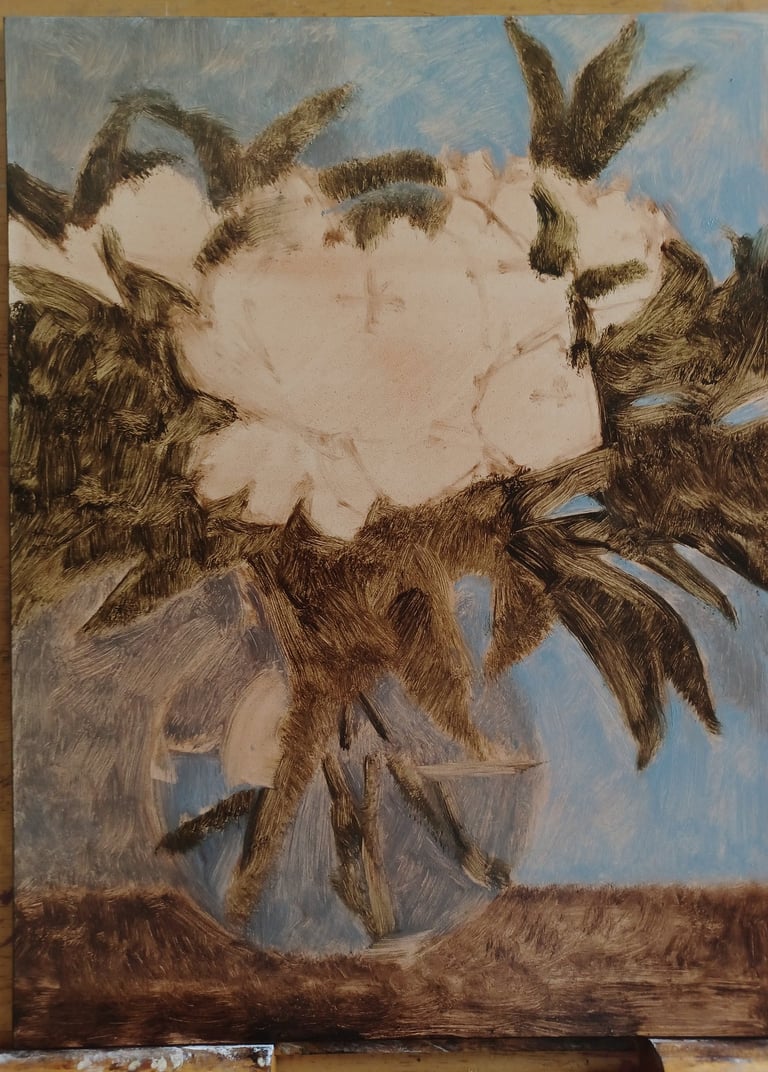 Impressionist oil painting of white flowers in a glass vase with expressive brushstrokes.