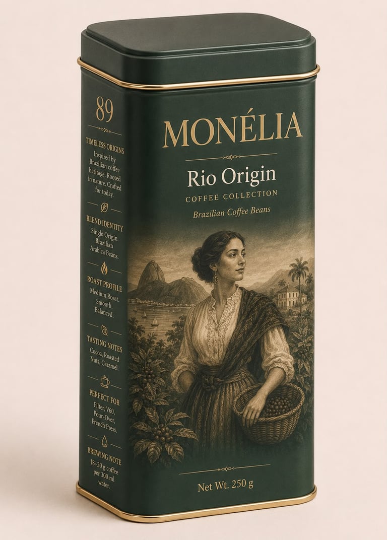 MONÉLIA Rio Origin Brazilian coffee beans in a dark green 250 g tin inspired by Brazilian coffee her