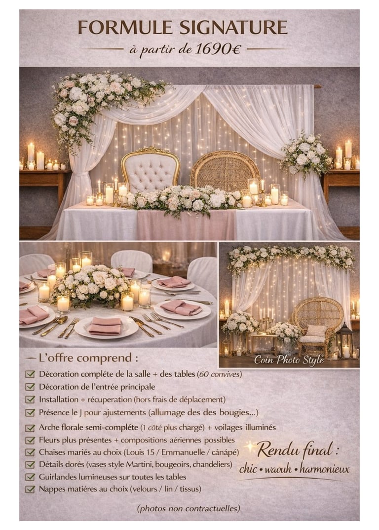 Formule décoration mariage complète hant de gamme arche cérémonie et salle élégante Somme