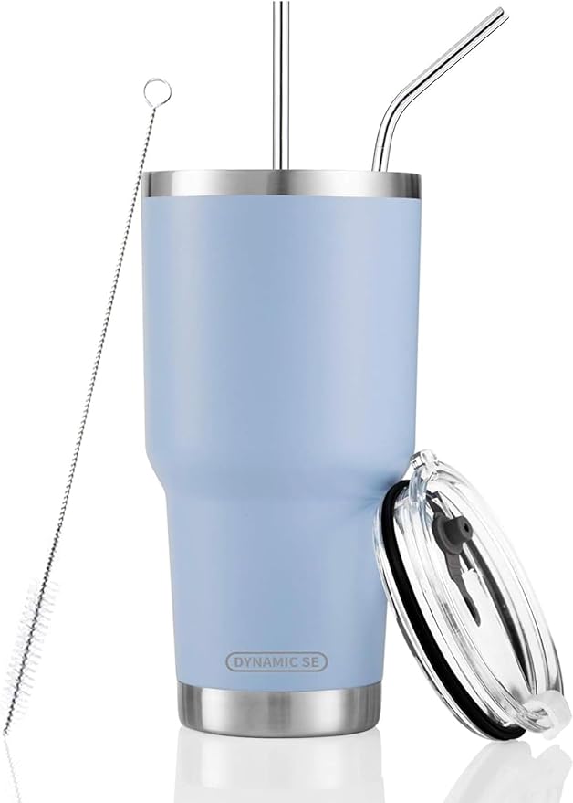 30oz stainless steel insulated tumbler with splash-proof lid, two metal straws, and a cleaning brush