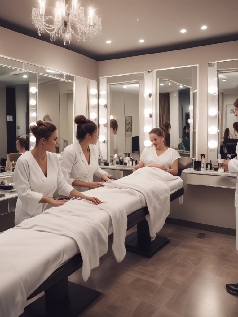 Various wellness and beauty products, including oils in bottles, a bowl of oil, dried flowers, crystals, a smudge stick, and a small dish of cream, are arranged aesthetically on a light surface. The scene is decorated with colorful flowers and herbs.