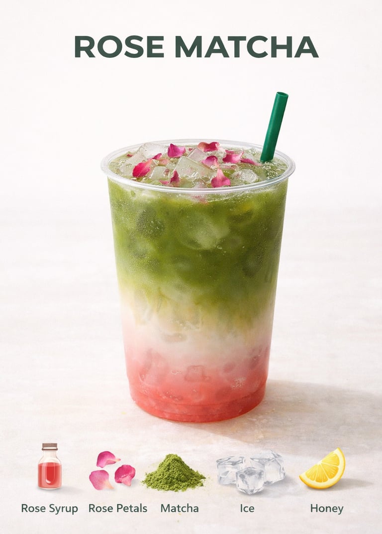 Layered rose matcha latte in a clear cup with pink syrup, green tea, and dried rose petals.