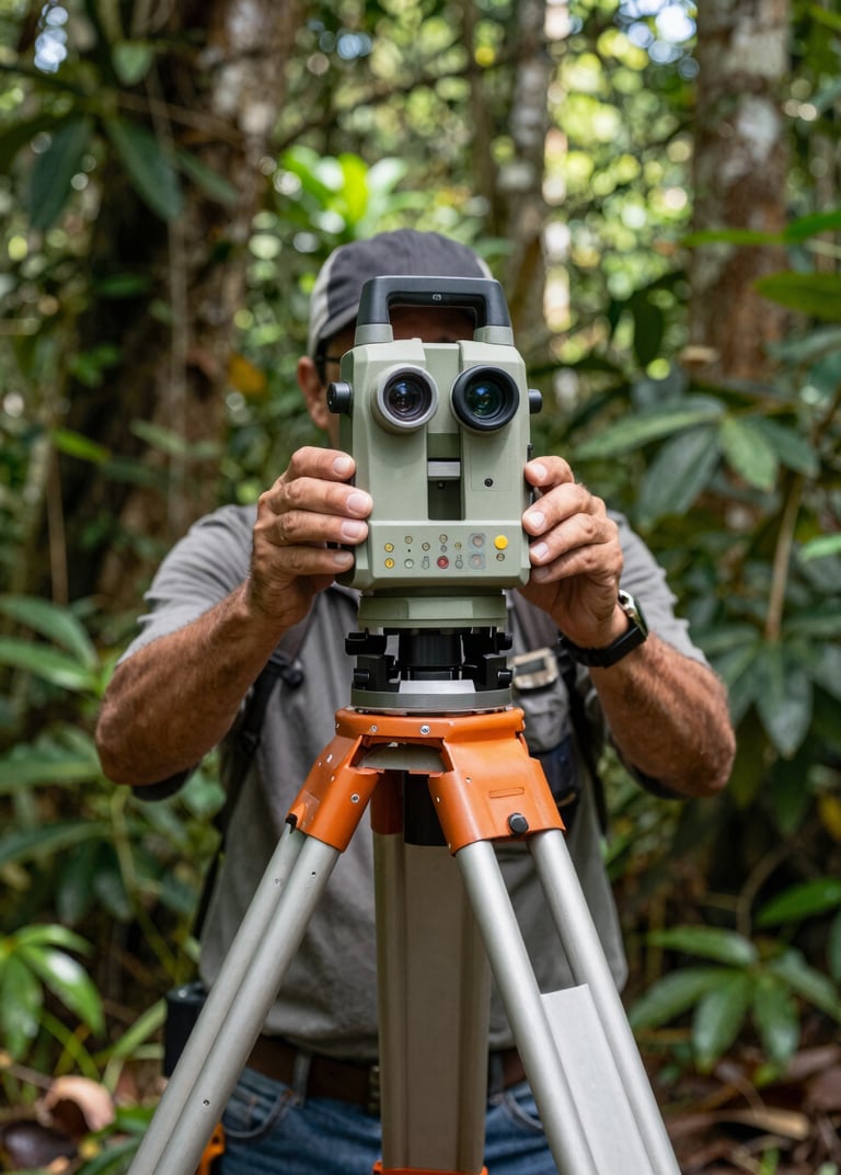 Professional surveyor adjusting a high-tech GNSS receiver on a tripod in a lush, sun-drenched Panamanian jungle clearing, sharp technical focus, 35mm