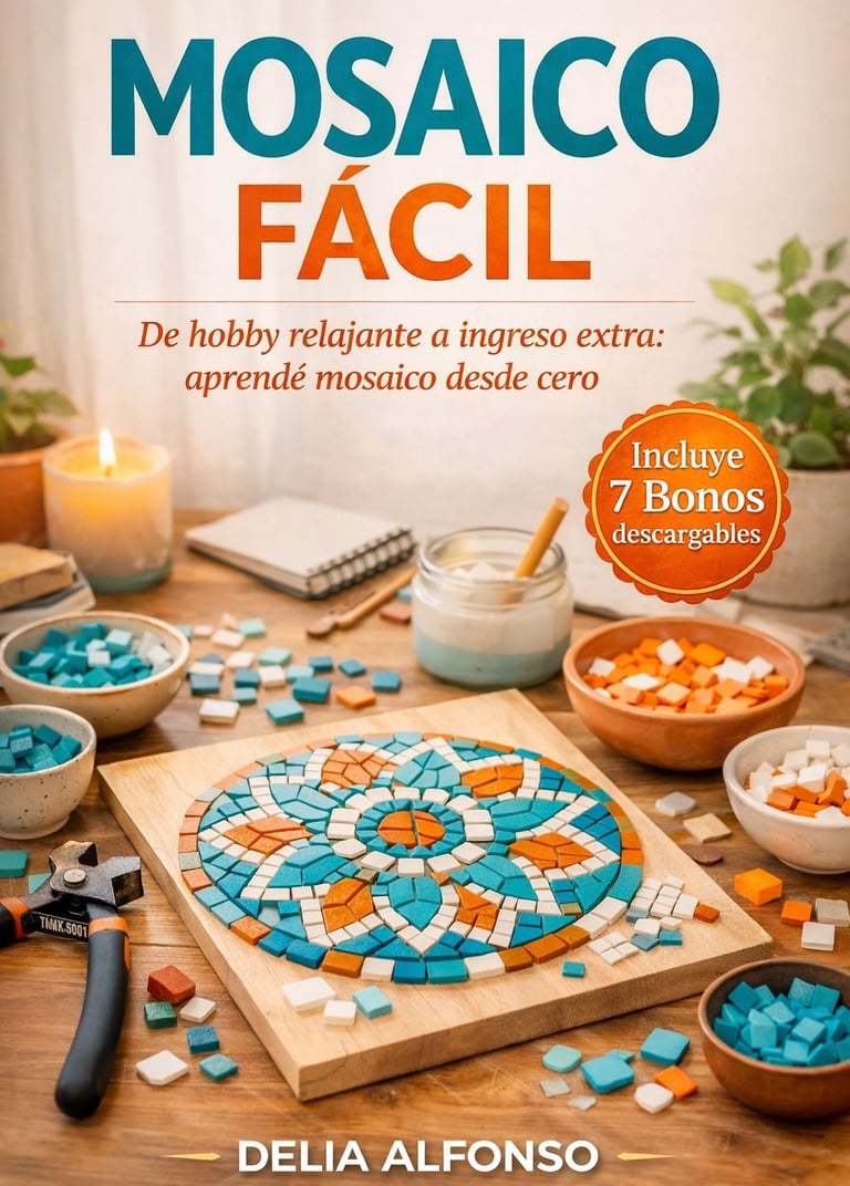 Mosaico Fácil book cover showing colorful tile art, crafting tools, and mosaic supplies on a wooden table.