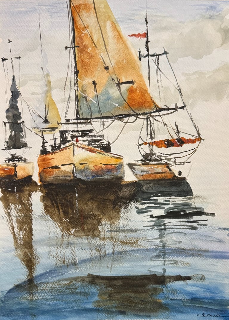 a painting of a group of sailboats in the water