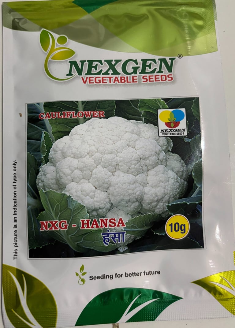 Nexgen vegetable seeds packet for NXG-Hansa Cauliflower with a 10g net weight for home gardening.