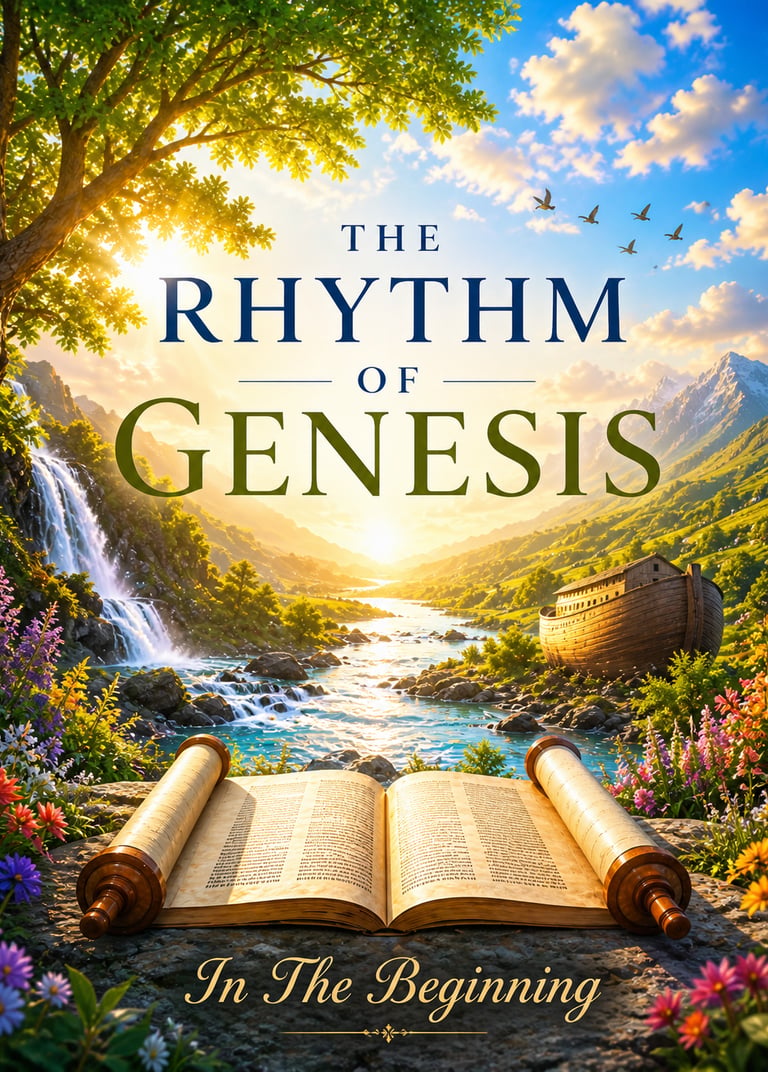 Devotional image for The Rhythm of Genesis with a sunrise valley, waterfall, scroll, and ark”