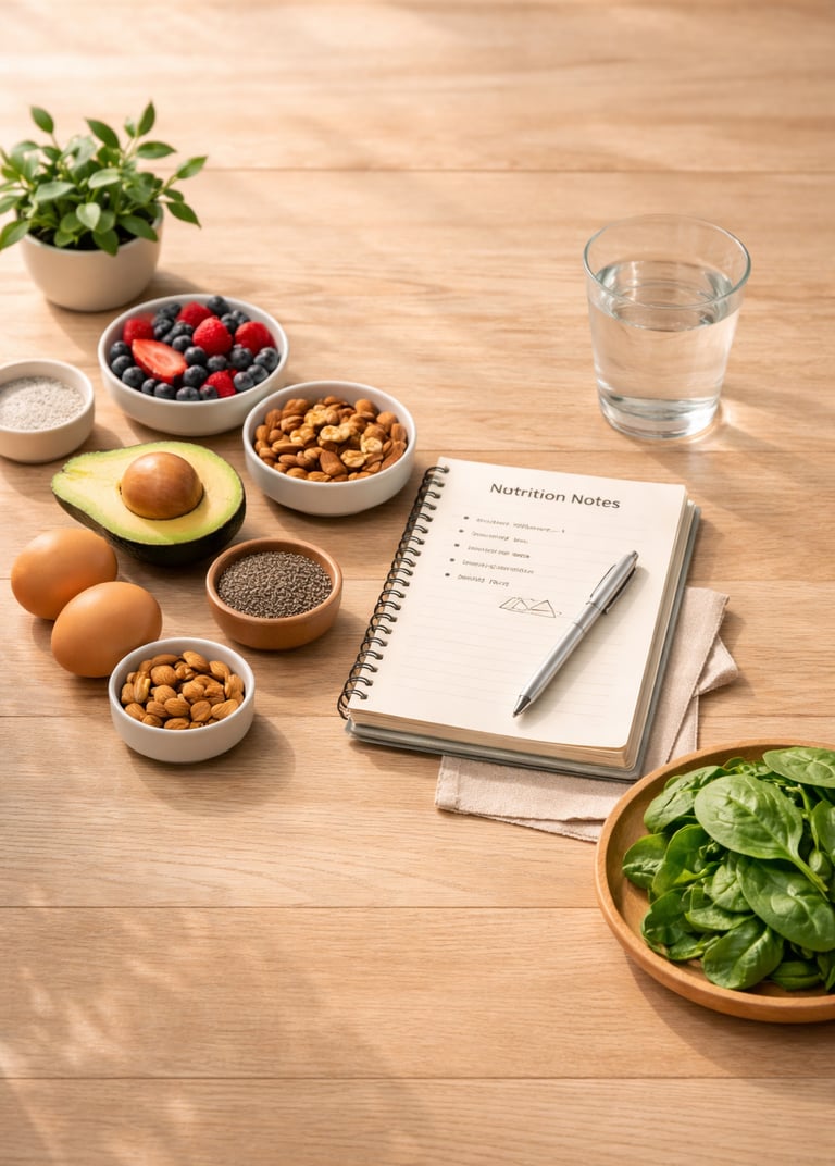 alimentos saludables sobre mesa de madera clara con aguacate, huevos, frutos rojos, frutos secos y h