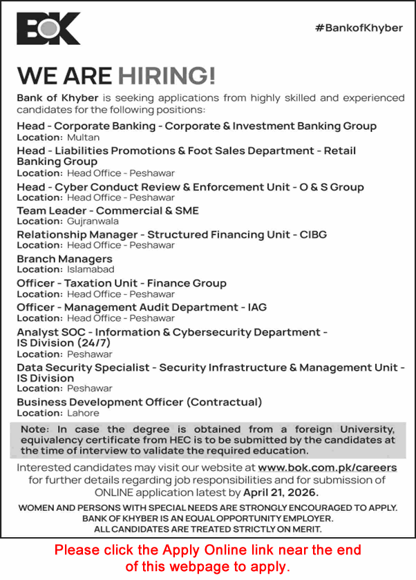 BOK Jobs 2026 Pakistan banking careers in corporate banking finance and cybersecurity departments